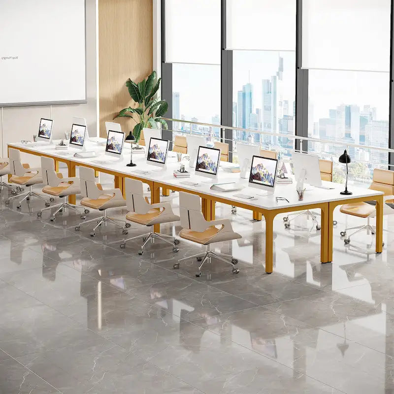 Coffee Brown / White & Gold, Rectangular, Seats 6, 6.5FT Conference Table with Metal Legs