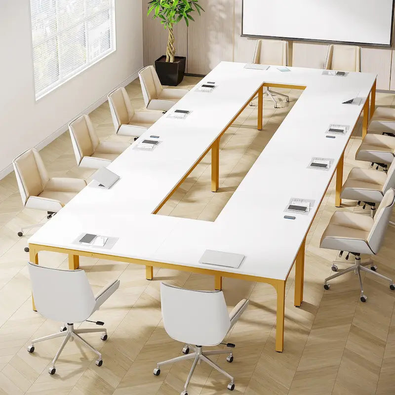 Coffee Brown / White & Gold, Rectangular, Seats 6, 6.5FT Conference Table with Metal Legs