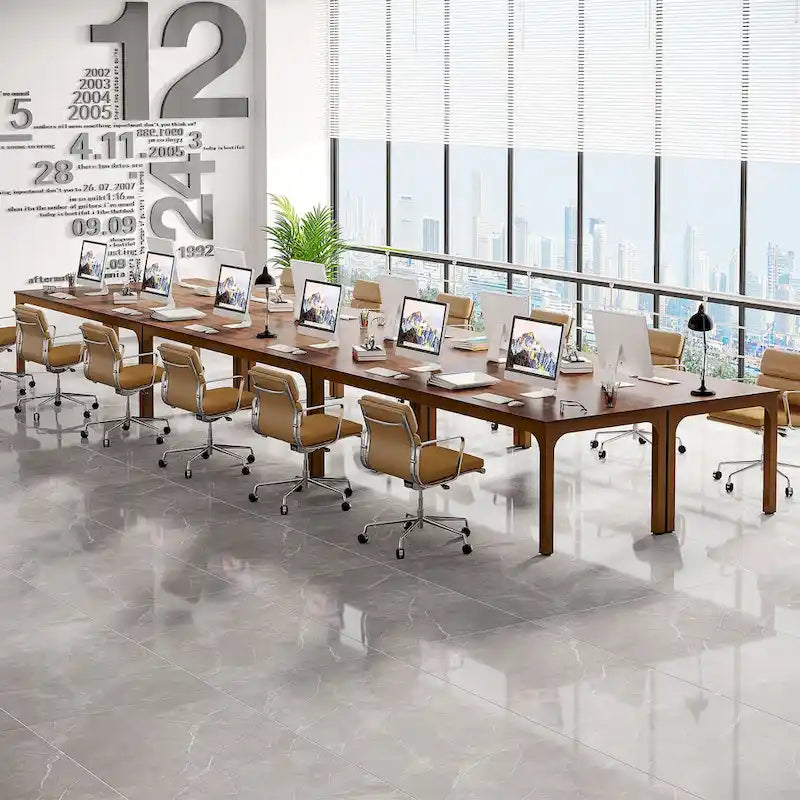 Coffee Brown / White & Gold, Rectangular, Seats 6, 6.5FT Conference Table with Metal Legs