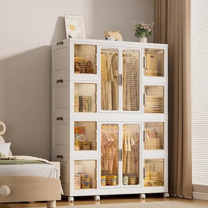 Portable Wardrobe Closet Storage Organizer for Clothes,Clothes Dresser,12 Magnetic Doors-12 Cubes & 2 Hanging Rod