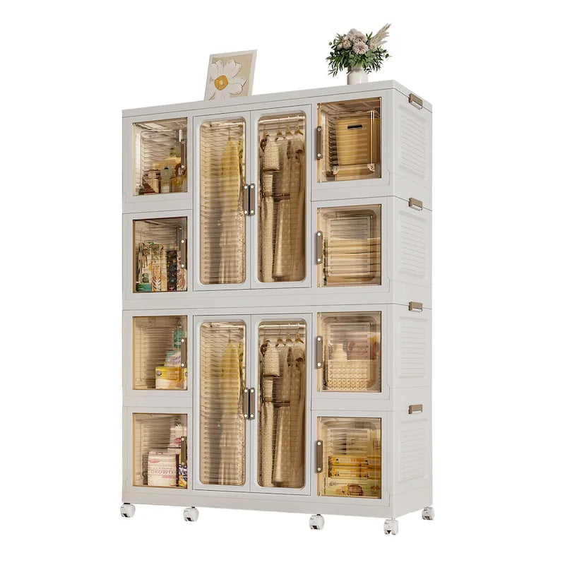 White Portable Wardrobe Closet, 12-Cube & 2 Hanging Rods, 1-Person