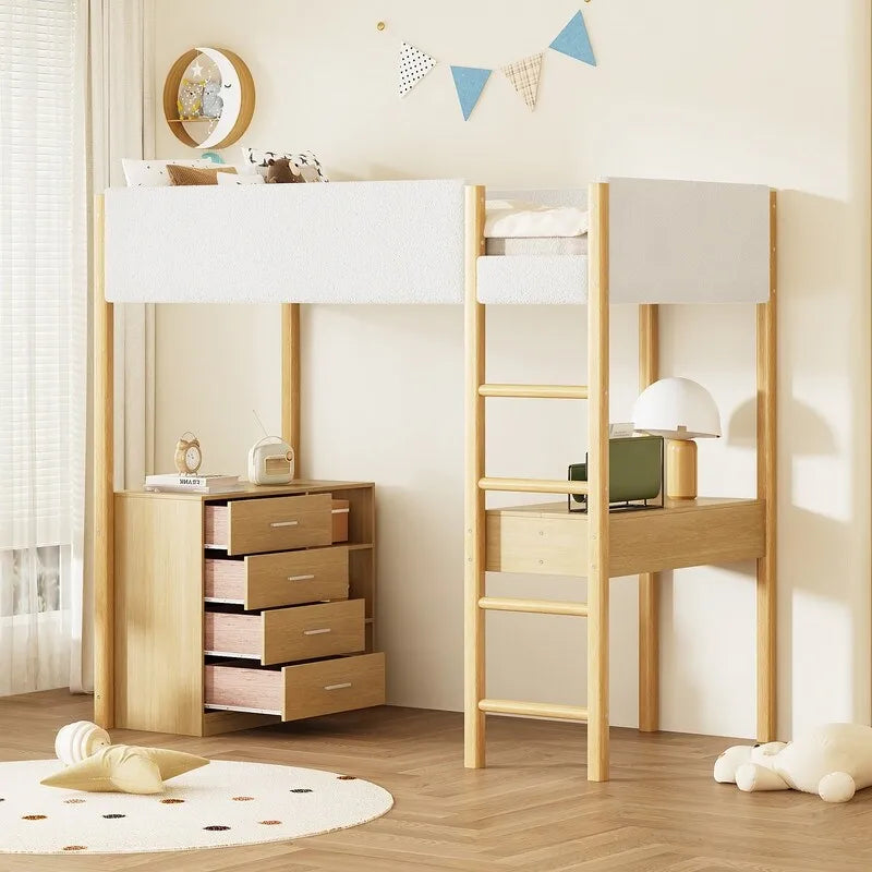 Twin Size Teddy Fleece Loft Bed Wood Bed