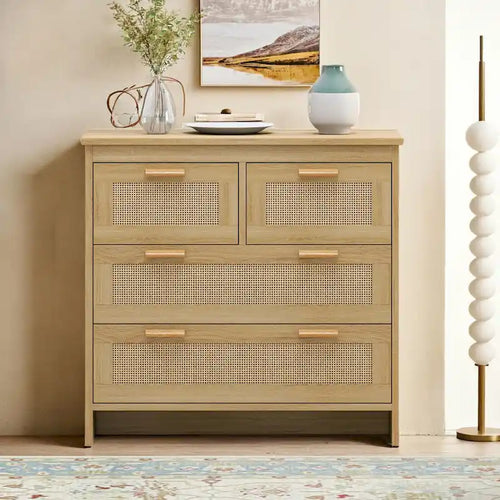 4 Drawers Rattan Cabinet,for Bedroom,Living Room,Dining Room,Hallways,Easy Assembly