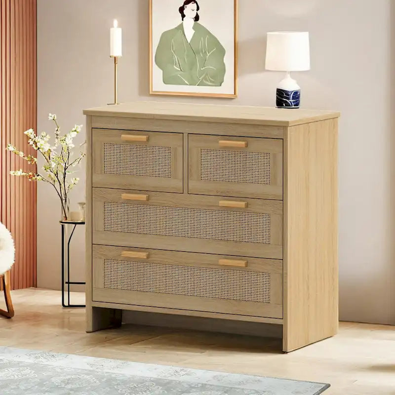 4 Drawers Rattan Cabinet,for Bedroom,Living Room,Dining Room,Hallways,Easy Assembly