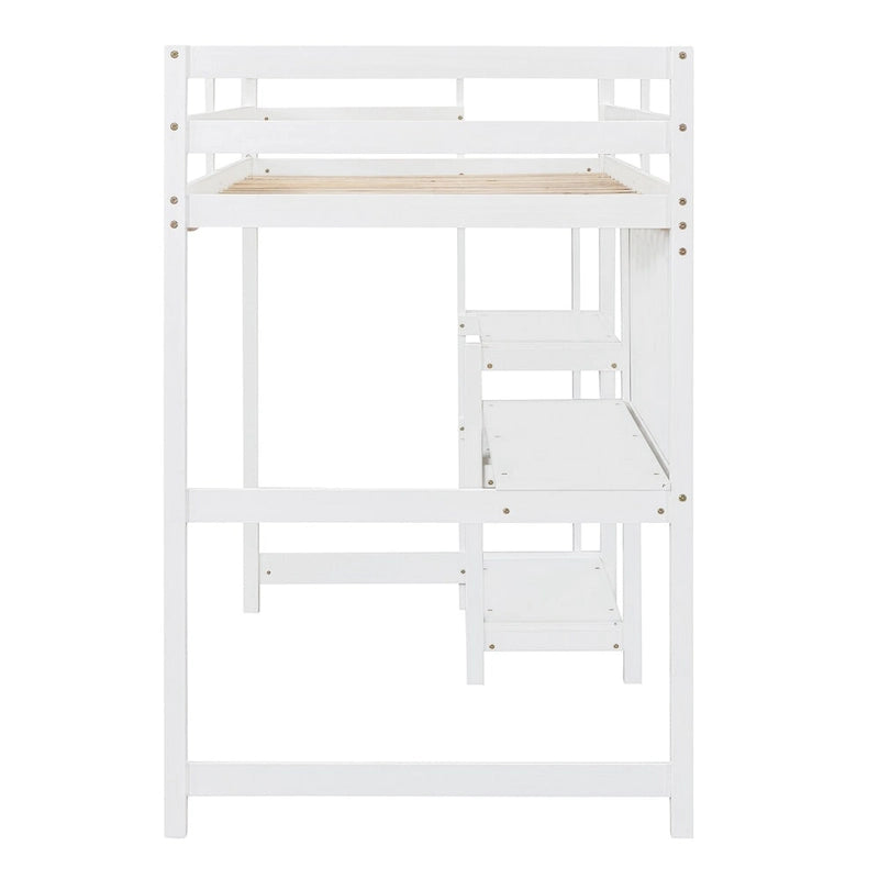 White Twin Wood Loft Bed with Shelves, Desk, Writing Board, Guardrail