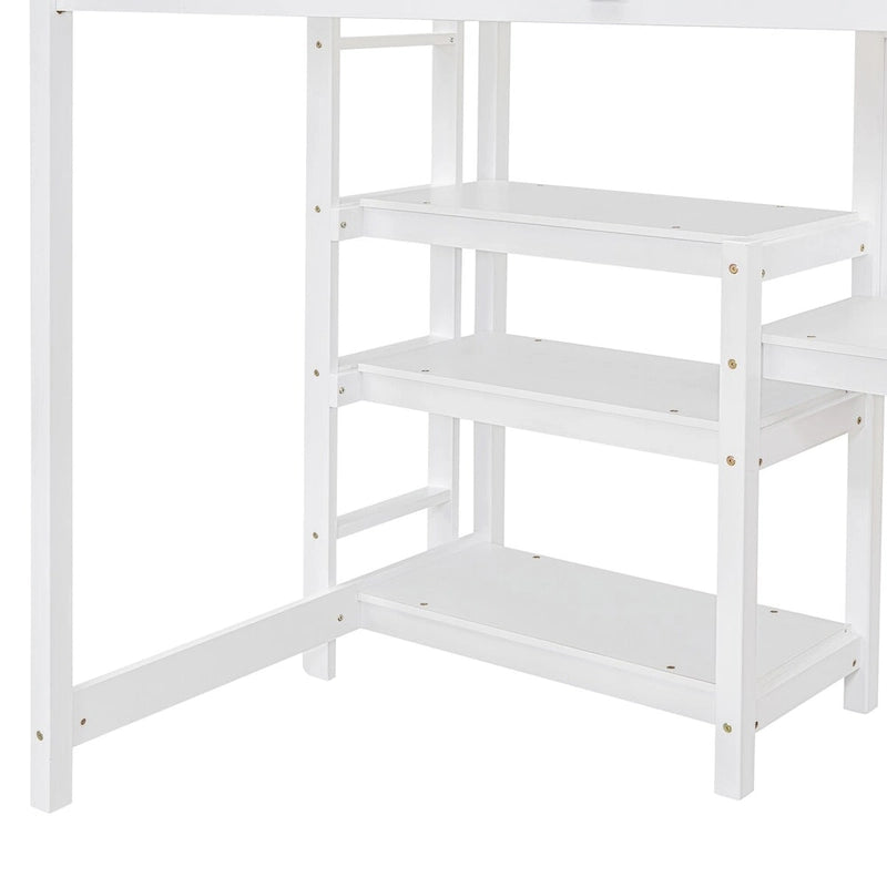 White Twin Wood Loft Bed with Shelves, Desk, Writing Board, Guardrail