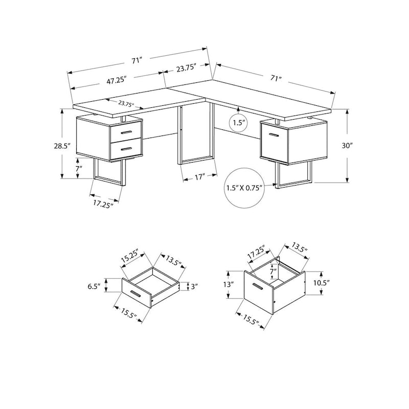 Grey L-Shaped Desk with 3 Drawers, Single-Person