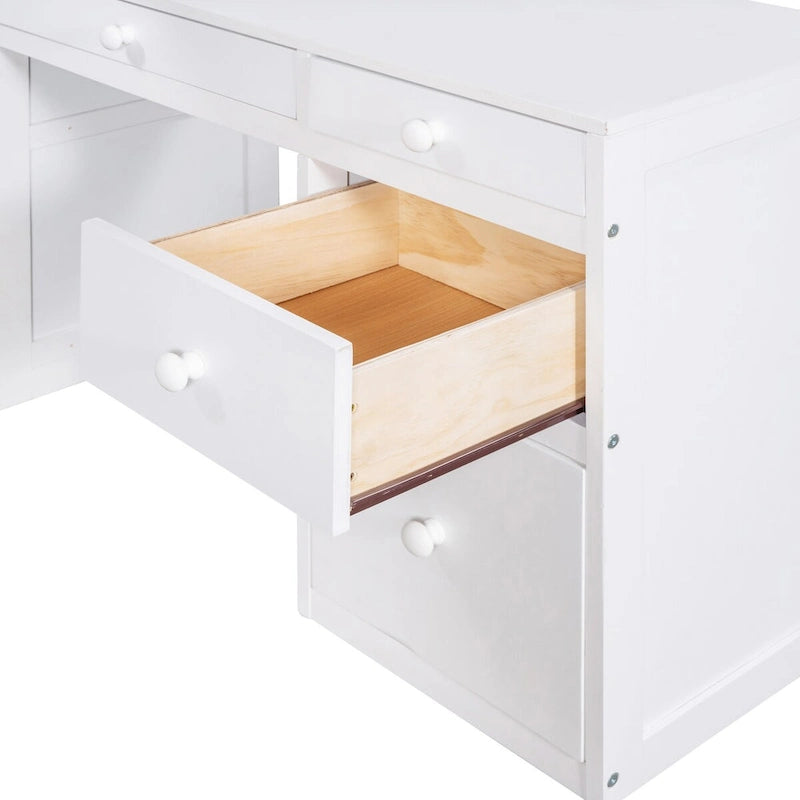 White Solid Wood Twin Size Loft Bed, Equipped with Stairs and Built-in Desk, with Shelves and Multiple Storage Drawers