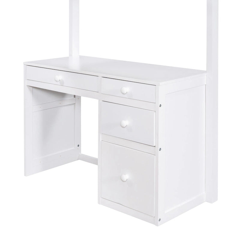 White Solid Wood Twin Size Loft Bed, Equipped with Stairs and Built-in Desk, with Shelves and Multiple Storage Drawers