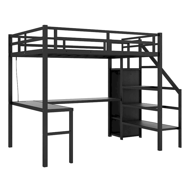 Full XL Size Metal Loft Bed with Wardrobe,Adjustable Shelf,L-shaped Desk and USB
