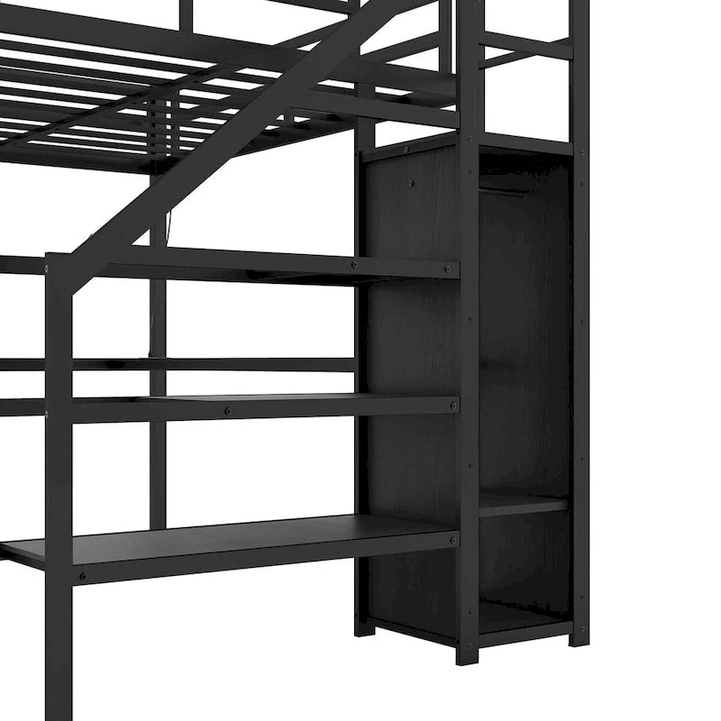 Full XL Size Metal Loft Bed with Wardrobe,Adjustable Shelf,L-shaped Desk and USB