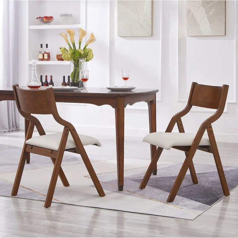 Set of 2 Upholstered Folding Dining Chairs - Space-Saving & Portable Design for Dining Room - Elegant Walnut Finish