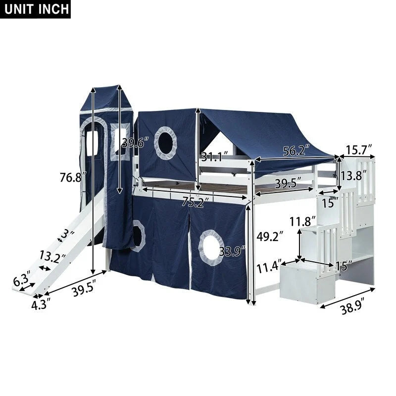 Wooden Full Size Loft Bed with Tent and Tower