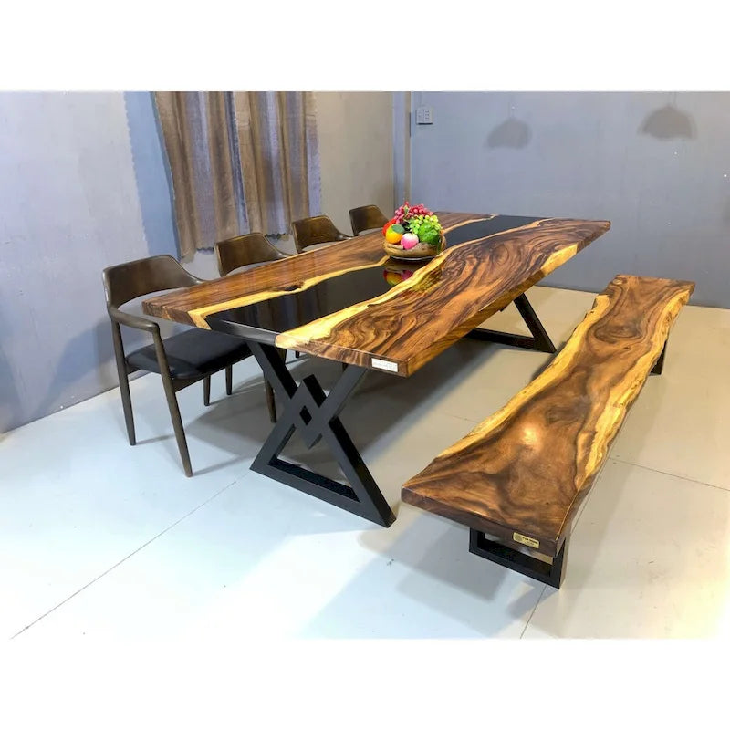 Blue Epoxy Live Edge Dining Table, Seats 6–8, 4 Styles
