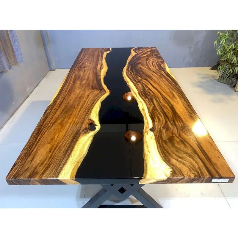Blue Epoxy Live Edge Dining Table, Seats 6–8, 4 Styles