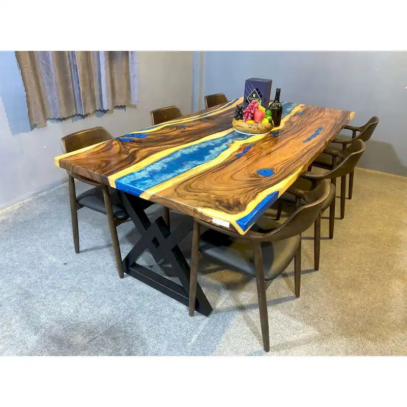 Blue Epoxy Live Edge Dining Table, Seats 6–8, 4 Styles