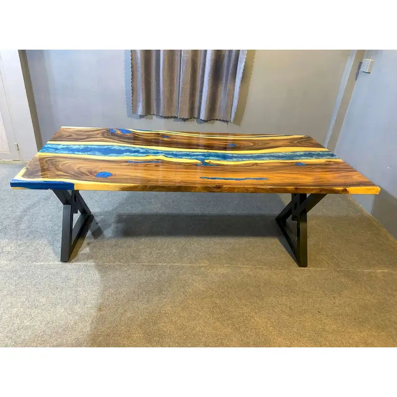 Blue Epoxy Live Edge Dining Table, Seats 6–8, 4 Styles