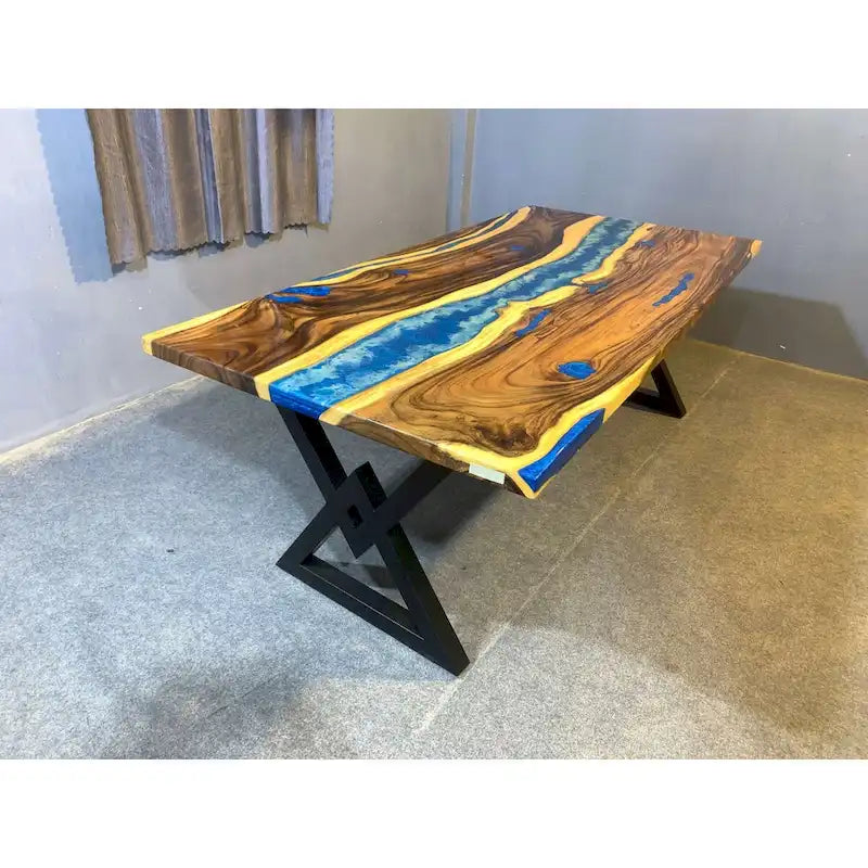 Blue Epoxy Live Edge Dining Table, Seats 6–8, 4 Styles