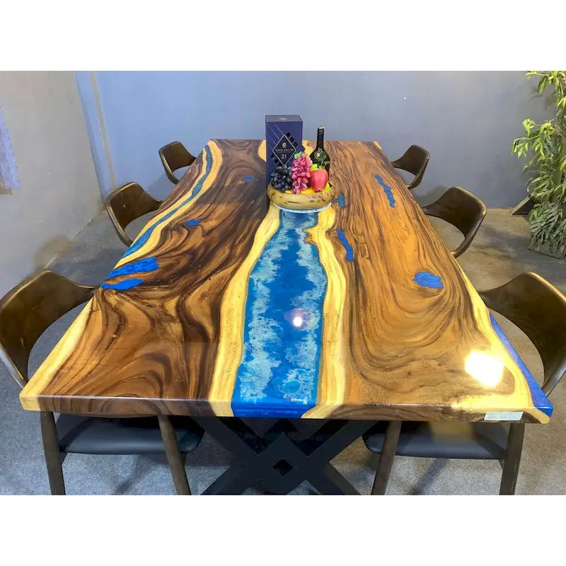 Blue Epoxy Live Edge Dining Table, Seats 6–8, 4 Styles