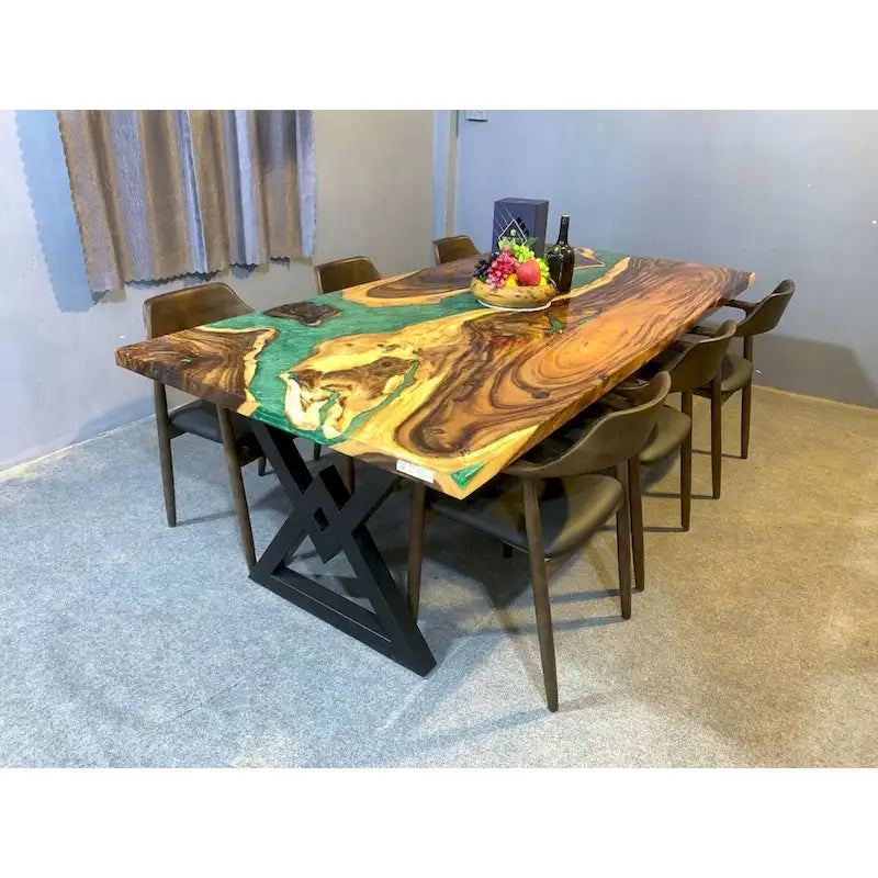 Blue Epoxy Live Edge Dining Table, Seats 6–8, 4 Styles
