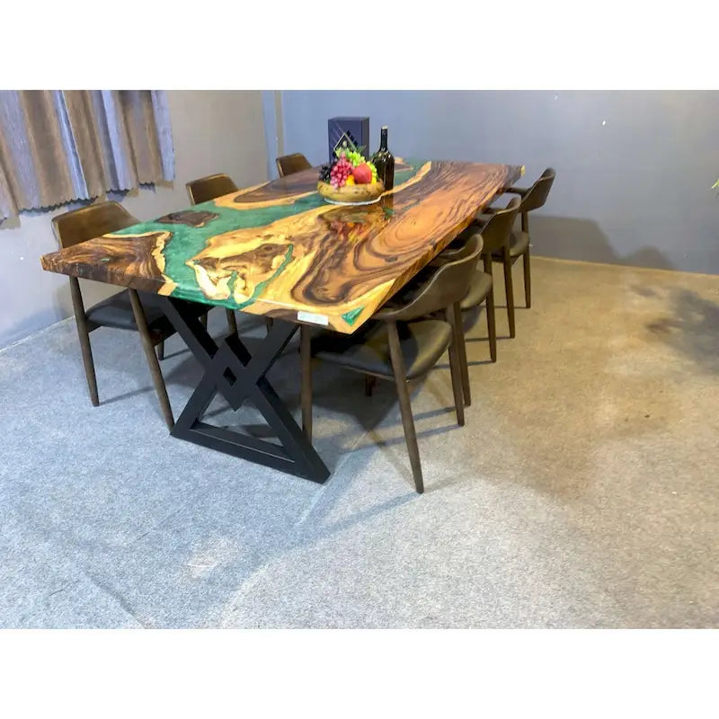 Blue Epoxy Live Edge Dining Table, Seats 6–8, 4 Styles