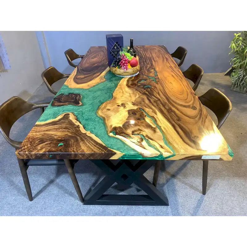 Blue Epoxy Live Edge Dining Table, Seats 6–8, 4 Styles