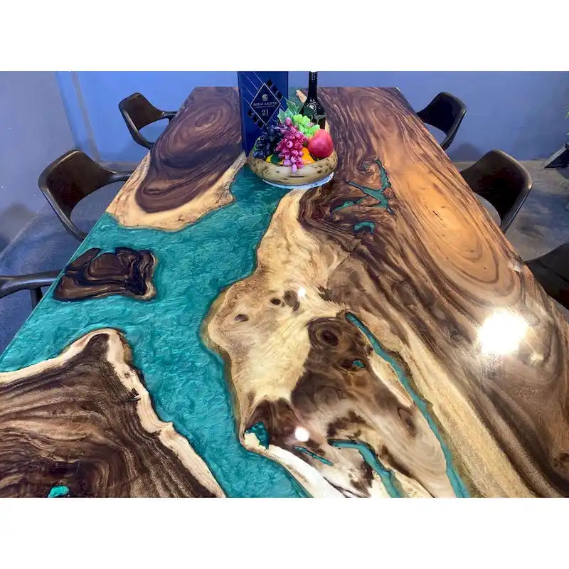 Blue Epoxy Live Edge Dining Table, Seats 6–8, 4 Styles