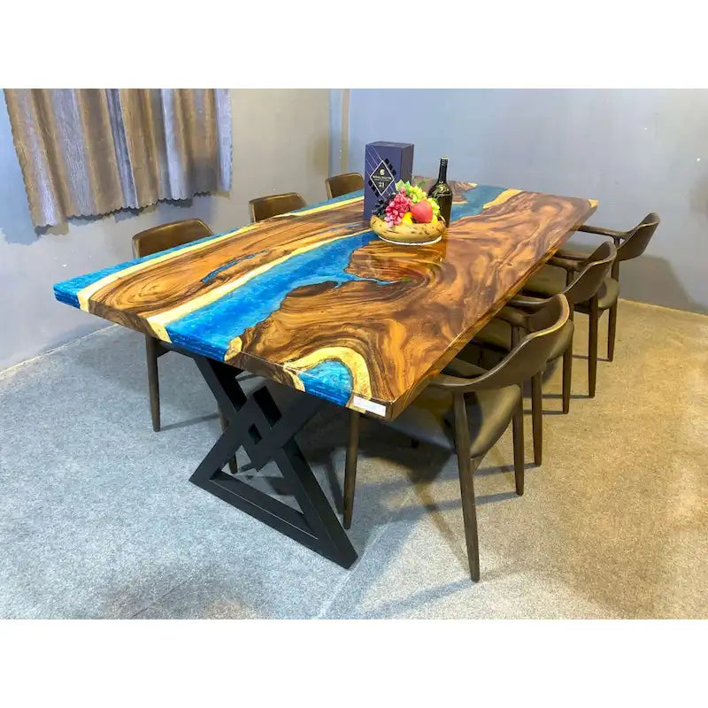 Blue Epoxy Live Edge Dining Table, Seats 6–8, 4 Styles