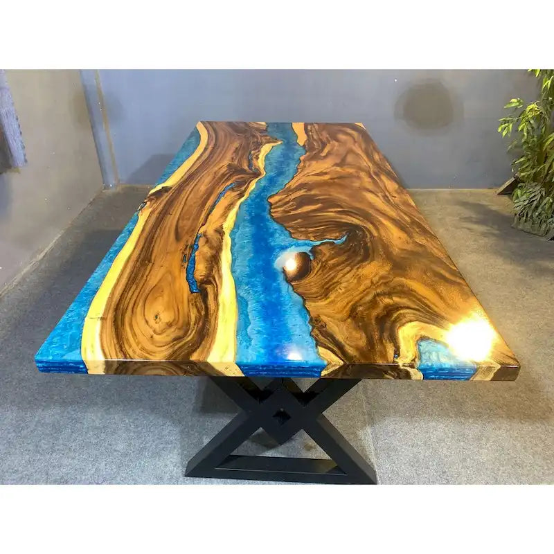 Blue Epoxy Live Edge Dining Table, Seats 6–8, 4 Styles