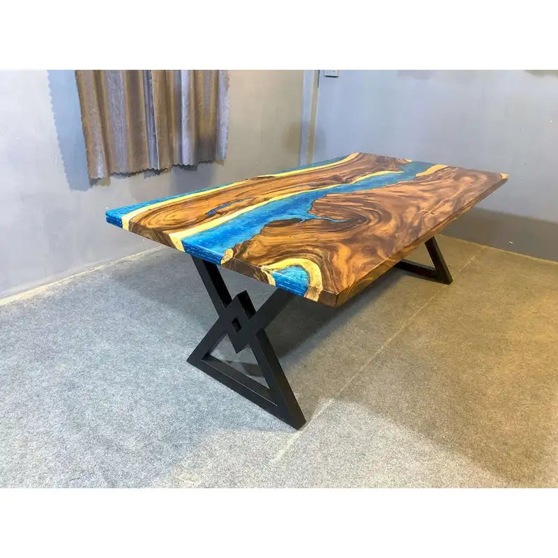 Blue Epoxy Live Edge Dining Table, Seats 6–8, 4 Styles
