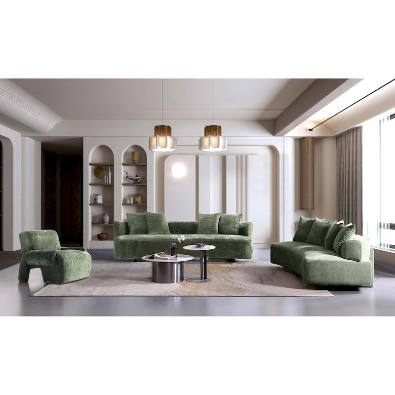 Beige / Olive Green Chenille Mid-Century Modern Sofa Set for 3, Set of 3