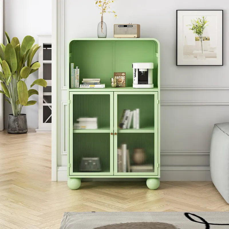 Green/White Freestanding Floor Storage Cabinet with Glass Door, Single-Person Use