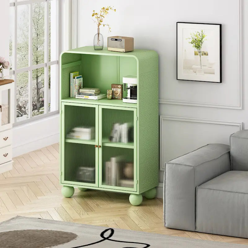 Green/White Freestanding Floor Storage Cabinet with Glass Door, Single-Person Use