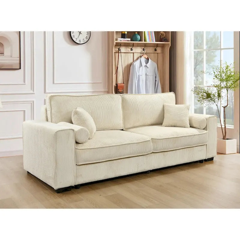 Light Green / Beige 3-Seater Sofa Bed with Storage, Faux Leather, Tufted