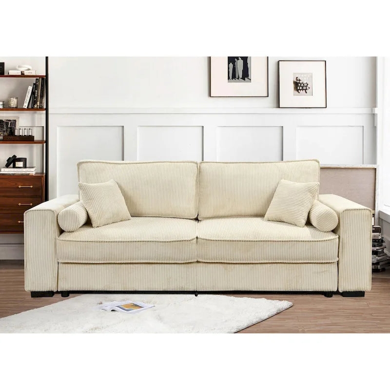 Light Green / Beige 3-Seater Sofa Bed with Storage, Faux Leather, Tufted