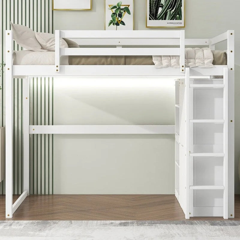 Wood Full Size Loft Bed with Built-in Wardrobe and Storage Shelves, Led light