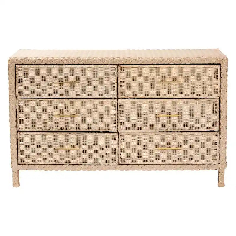 Sun-Bleached Rattan 6-Drawer Dresser, Brown, Japandi Style