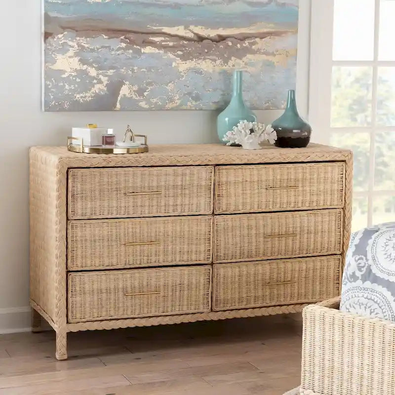 Sun-Bleached Rattan 6-Drawer Dresser, Brown, Japandi Style