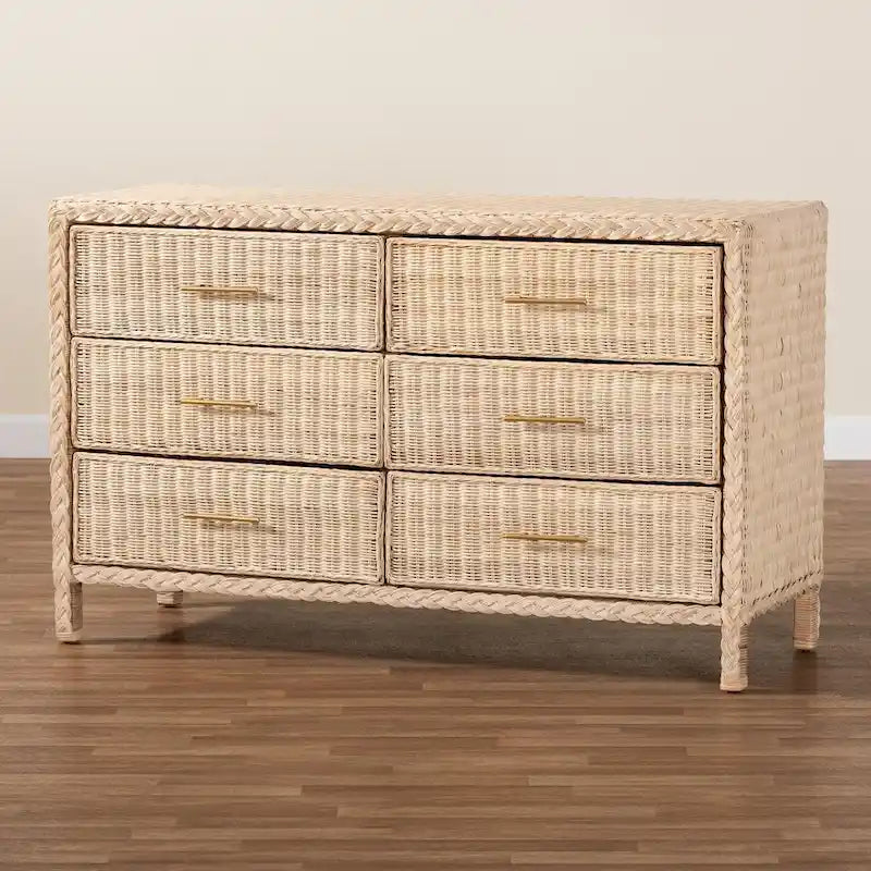 Sun-Bleached Rattan 6-Drawer Dresser, Brown, Japandi Style