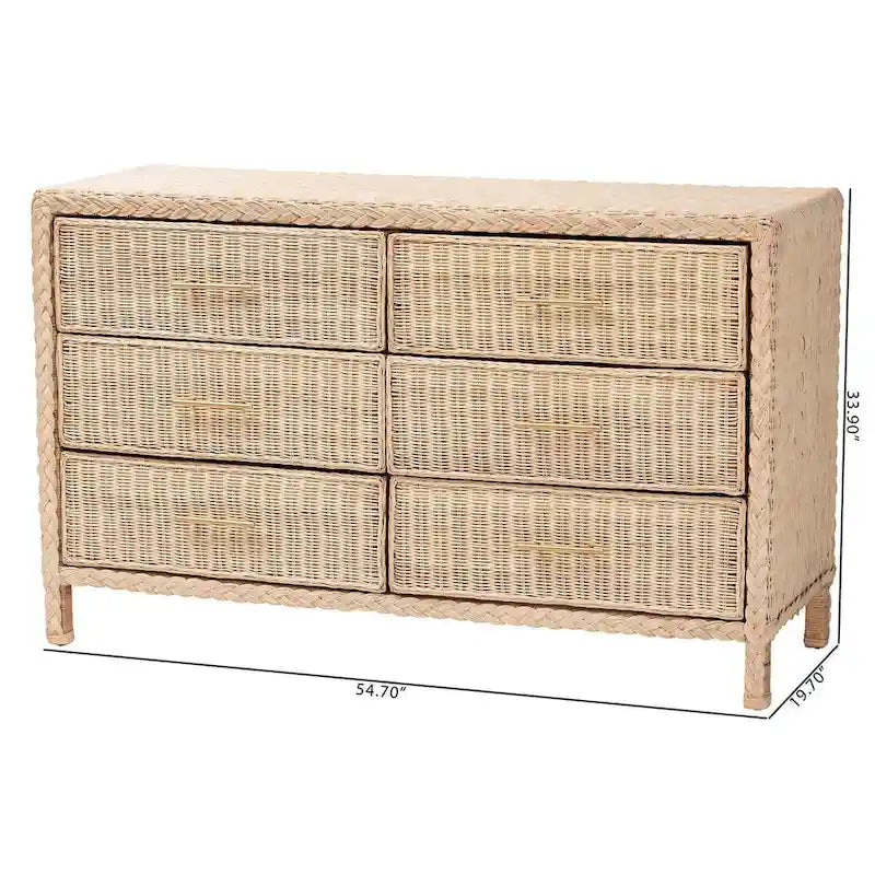 Sun-Bleached Rattan 6-Drawer Dresser, Brown, Japandi Style
