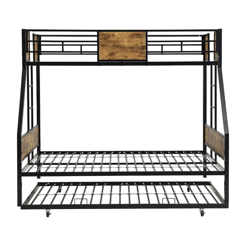 Twin Over FULL Metal Bunk Bed with Trundle 2-Side Ladder and Full-Length Guardrail, No Box Spring Needed, UnderBed Storage