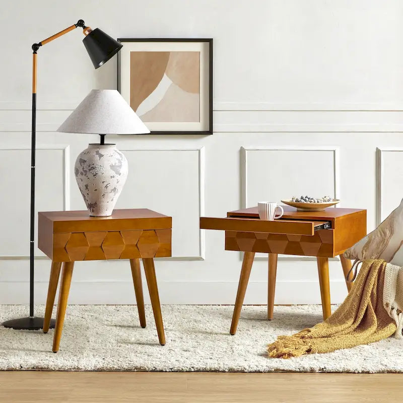 Acorn / Black / Walnut / Seadrift Mid-Century Modern End Table with Charging Station, Set of 2