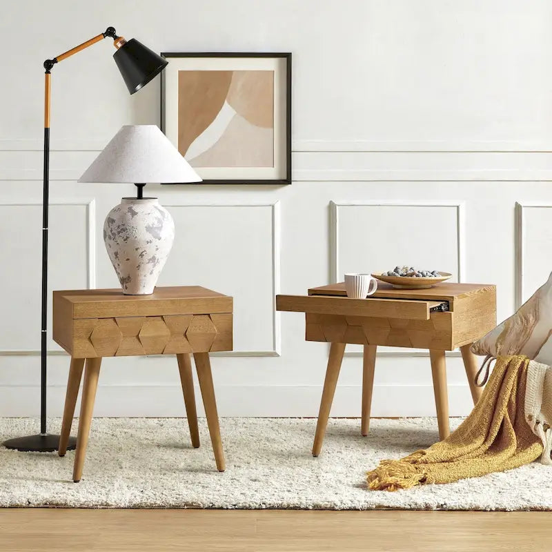 Acorn / Black / Walnut / Seadrift Mid-Century Modern End Table with Charging Station, Set of 2