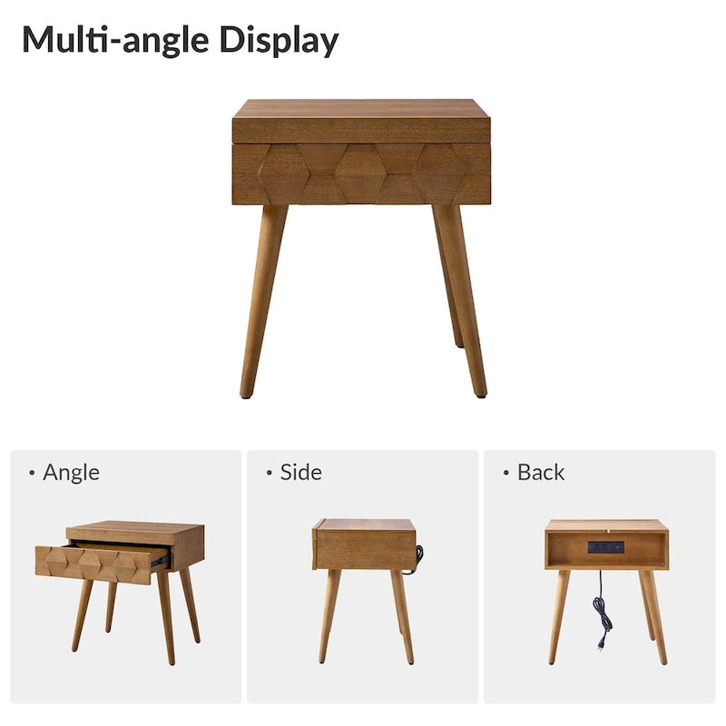 Acorn / Black / Walnut / Seadrift Mid-Century Modern End Table with Charging Station, Set of 2