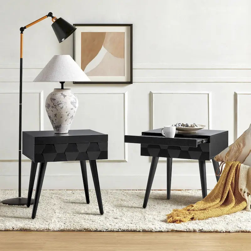 Acorn / Black / Walnut / Seadrift Mid-Century Modern End Table with Charging Station, Set of 2