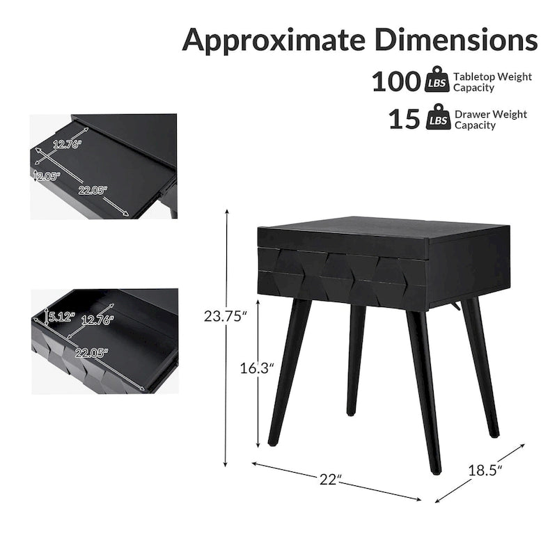 Acorn / Black / Walnut / Seadrift Mid-Century Modern End Table with Charging Station, Set of 2