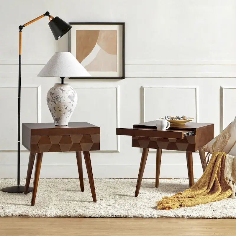 Acorn / Black / Walnut / Seadrift Mid-Century Modern End Table with Charging Station, Set of 2