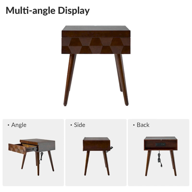 Acorn / Black / Walnut / Seadrift Mid-Century Modern End Table with Charging Station, Set of 2