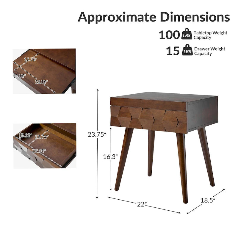 Acorn / Black / Walnut / Seadrift Mid-Century Modern End Table with Charging Station, Set of 2