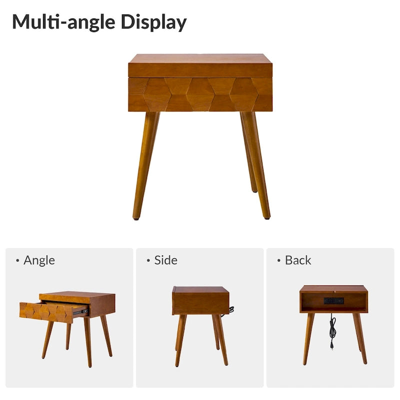Acorn / Black / Walnut / Seadrift Mid-Century Modern End Table with Charging Station, Set of 2
